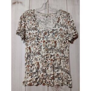 Lucky Brand Shirt‎ Ladies Medium White Brown Floral Boho